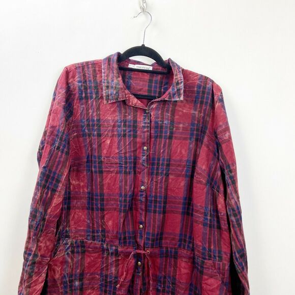 2/$30 Maurices 1 1X Plus Womens Red Blue Acid Wash Plaid Button-up Tie Waist Top - Picture 3 of 8